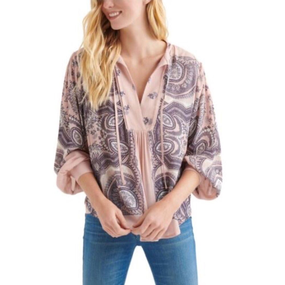 Lucky Brand Womens Top Tunic Size Medium Tie Neck Pullover Boho Paisley Purple